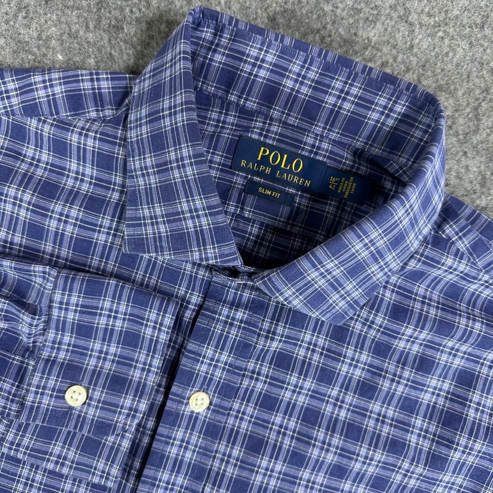 Polo Ralph Lauren Mens 16.5 42 Slim Fit Plaid Dress Shirt Blue White Check